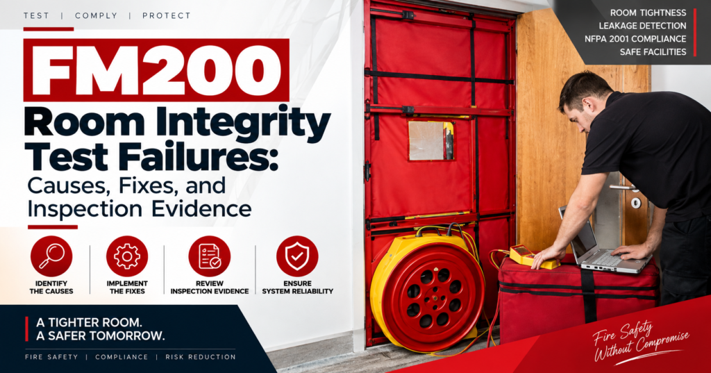 FM200 room integrity test failure inspection with blower door testing equipment