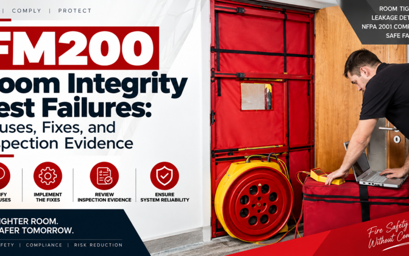 FM200 room integrity test failure inspection with blower door testing equipment