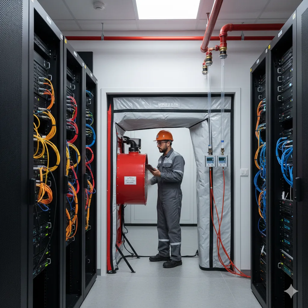 Air tightness testing in a data centre hall with racks and a protected enclosure