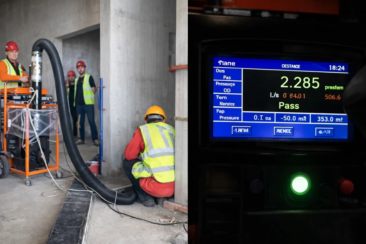 Duct leakage test rig connected to ductwork with pressure and flow readout