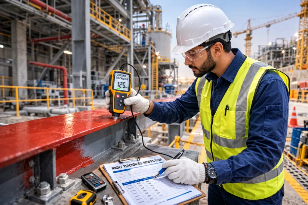 QA/QC engineer reviewing a pre-inspection checklist and drawings on site