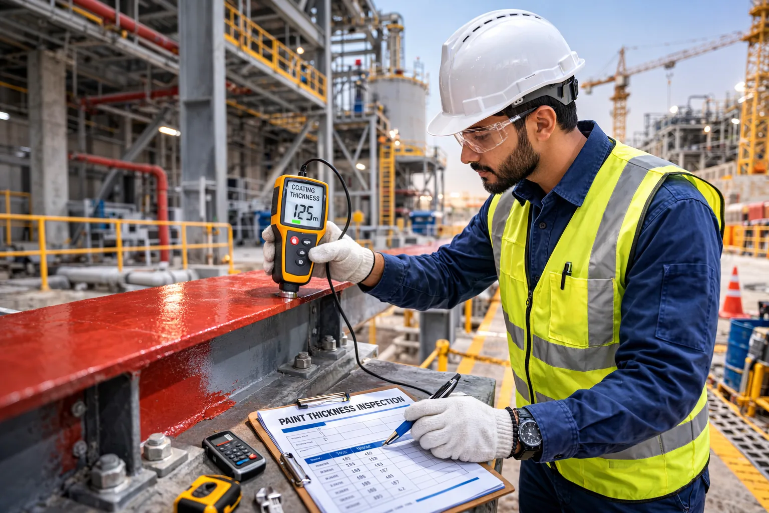 QA/QC engineer reviewing a pre-inspection checklist and drawings on site