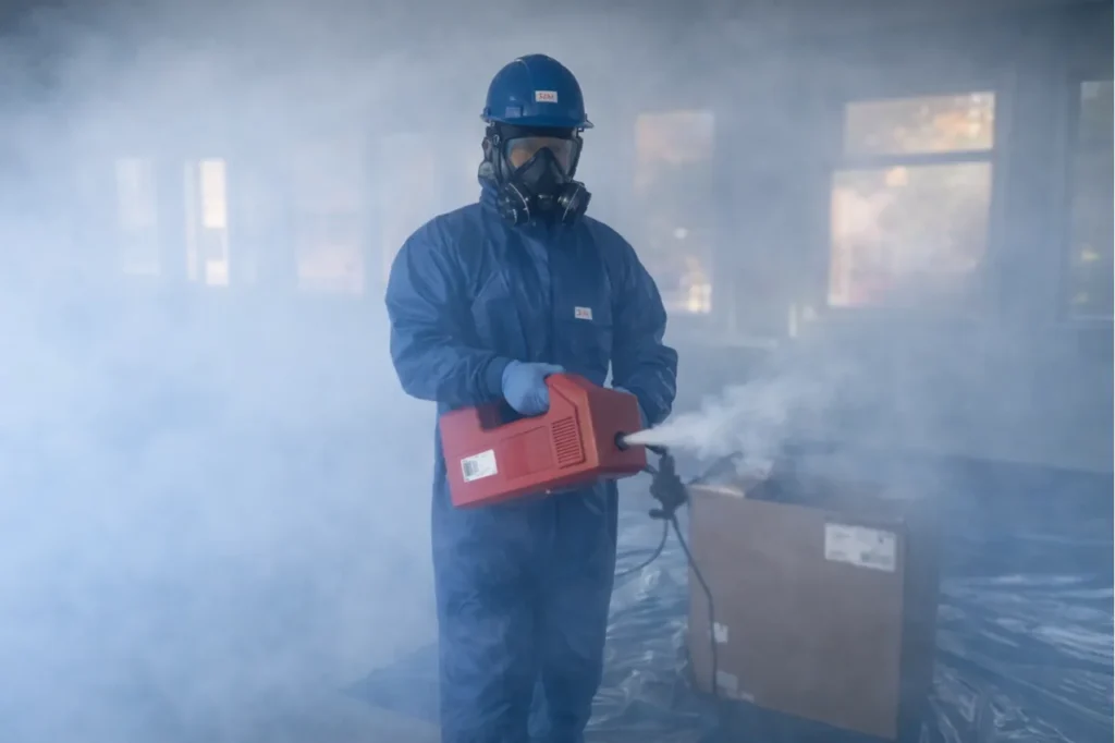 Smoke test in progress to trace leakage paths through a fire compartment