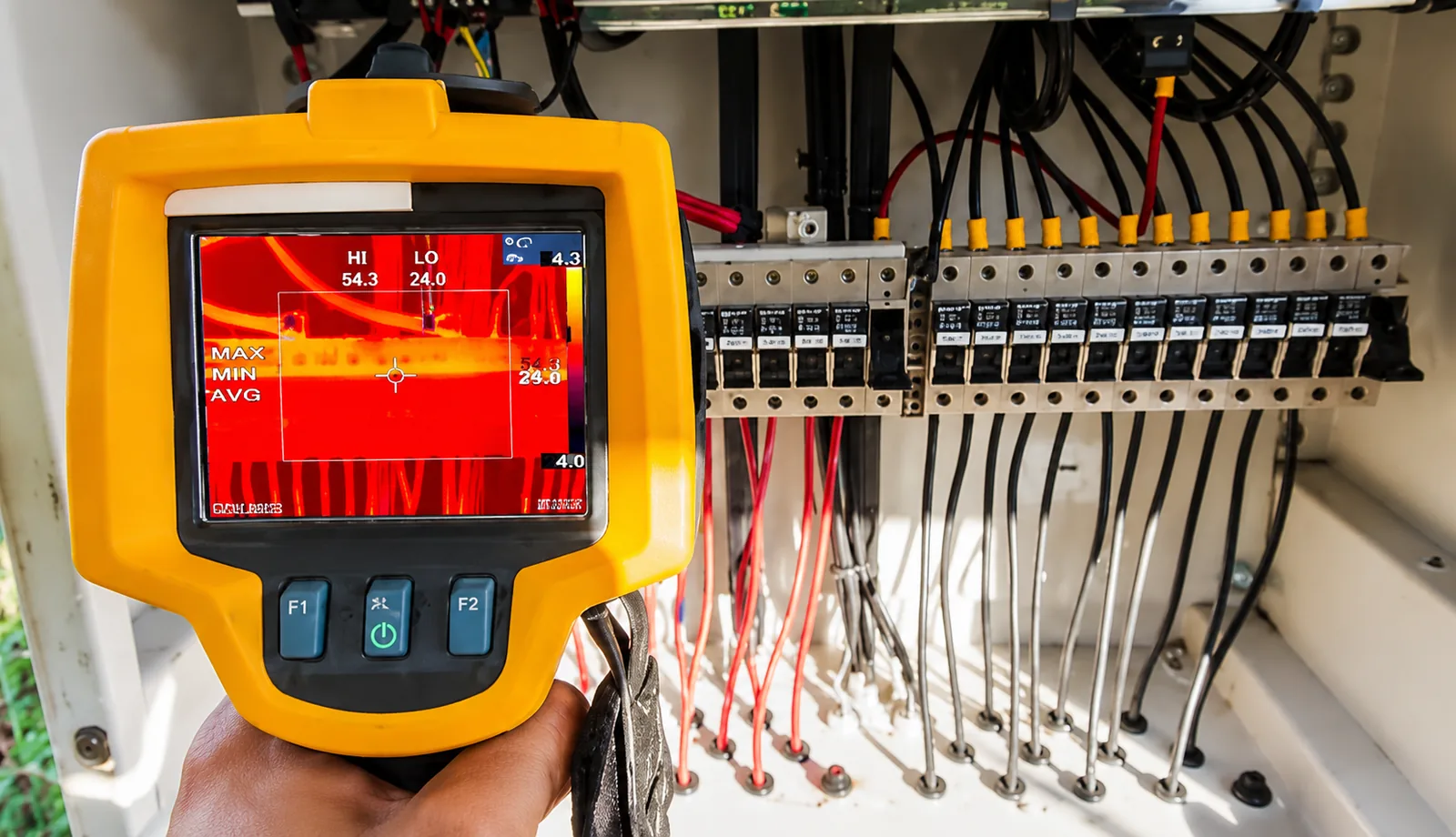 Infrared thermography survey of an electrical distribution panel showing hot spots